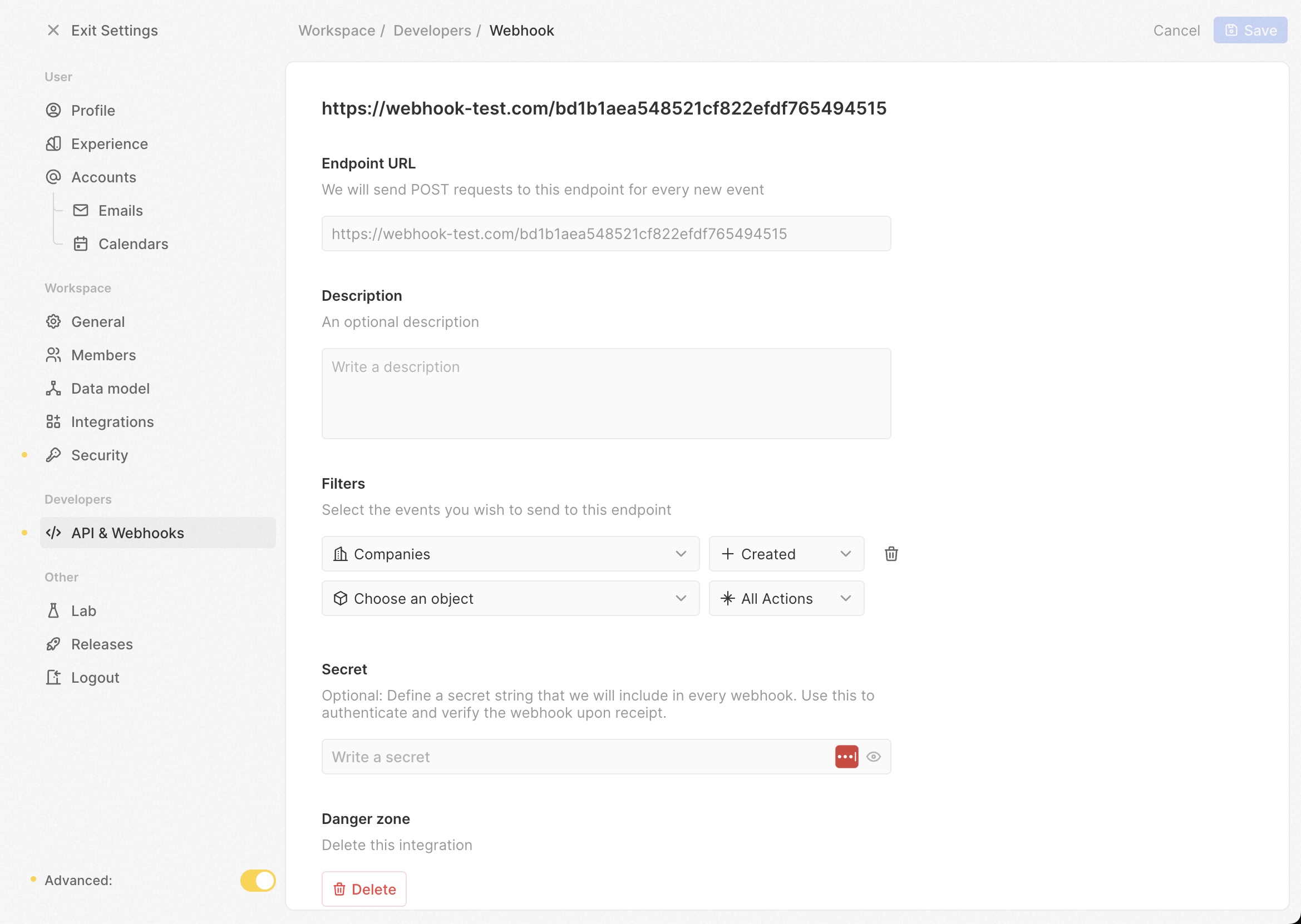 Webhook settings